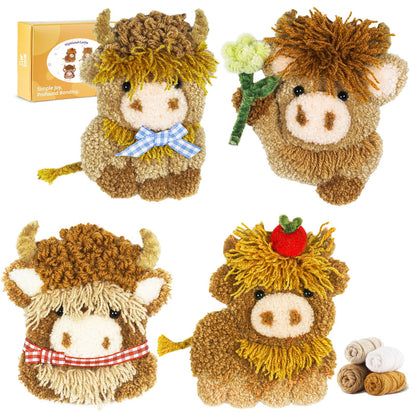 Punch Needle kit-4,Embroidery kit for Beginners,Punch Needle Kits Adults Beginner,Needles, Curved Scissors, a Tool Storage Box, Yarn, Easy-to-Follow Instructions, and Tutorial Videos(4 Highland Cow)