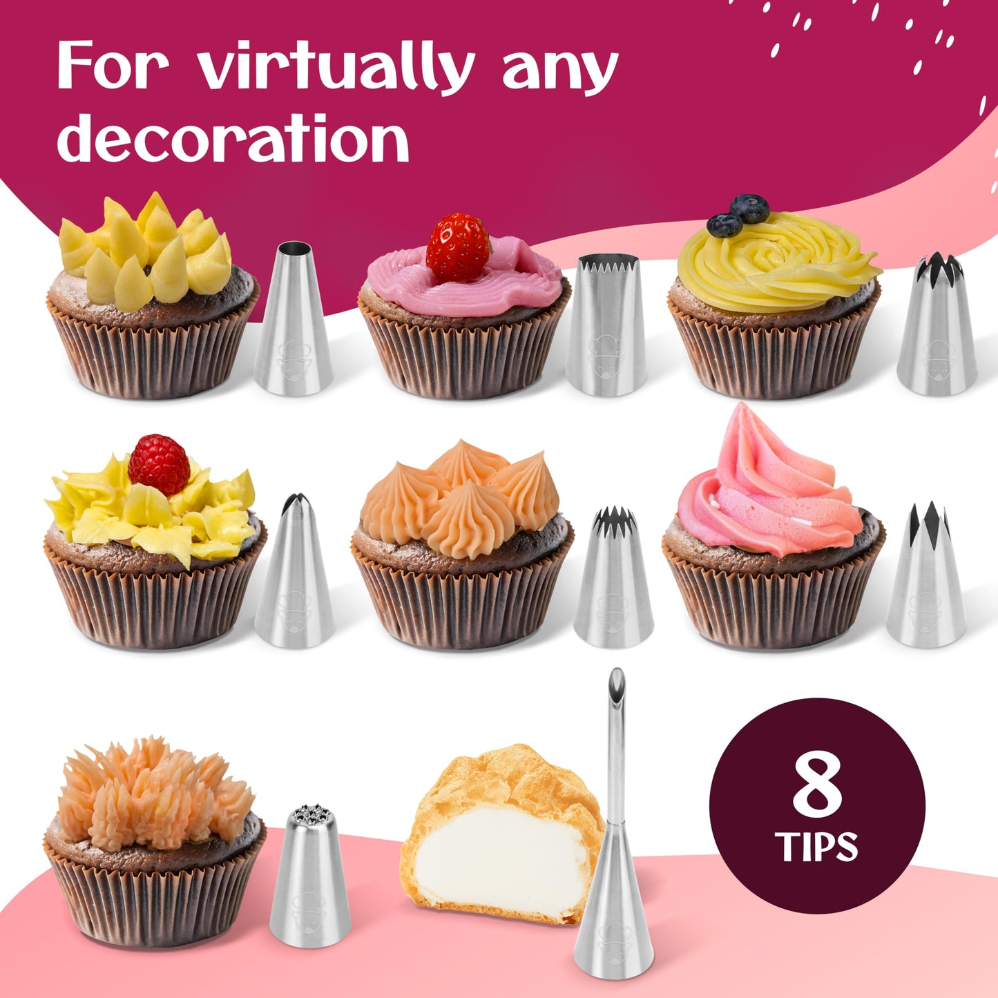 Happy Lemuro Premium Reusable Piping Bags and Tips Set - Cotton Pastry Bag 16" with 8 Large Icing Tips for Cake Decorating - Large Piping Tips Set - Dishwasher Safe