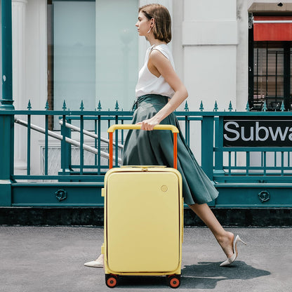 mixi Carry On Luggage Wide Handle Luxury Design Rolling Travel Suitcase PC Hardside with Aluminum Frame Hollow Spinner Wheels, with Cover, 20 inch, Lark Yellow