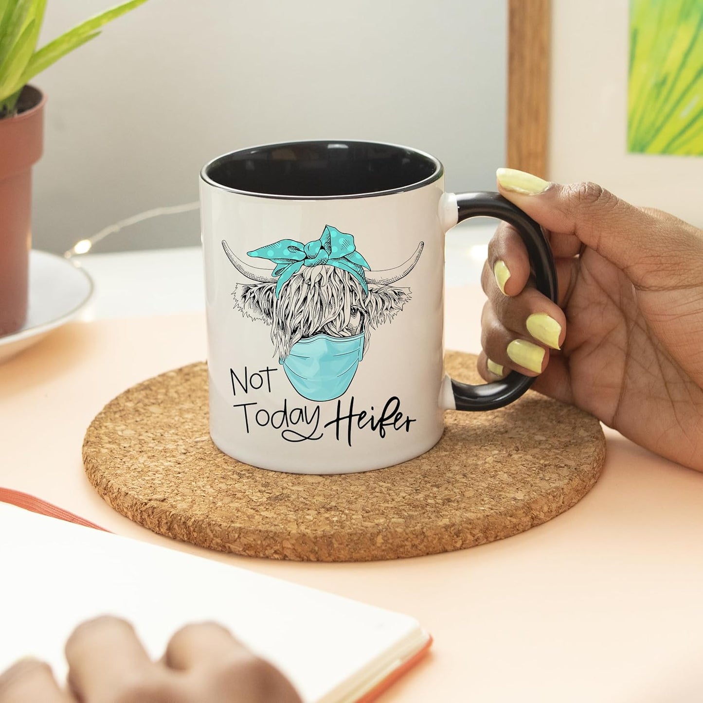 YouNique Not Today Heifer Mug - 11 Ounces Cow Coffee Mug - Social Distancing Cow Cup (Black Handle)