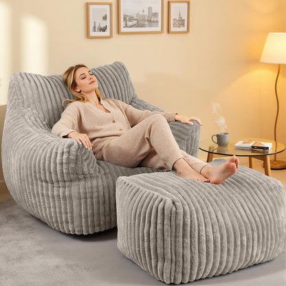 HarborHue Giant Bean Bag Chair with Ottoman, Oversized Memory Foam Bean Bag Sofa for Adults and Kids, Large Comfy Fluffy Single Lounges Mini Couch for Living Room, Bedroom & Dorm(Taupe)