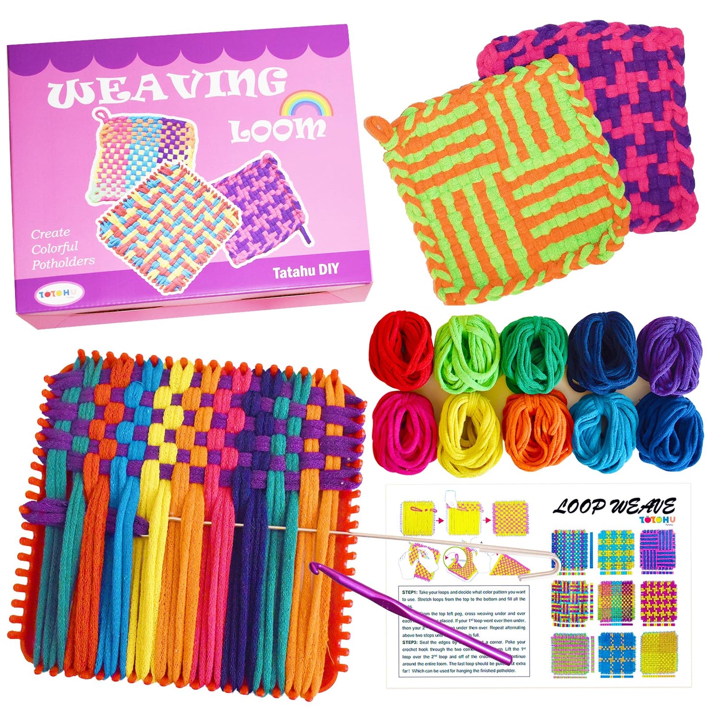 Tatahu Potholder Weaving Loom Kit - 300pcs Rainbow Knitting Refill Loops in 10 Colors, Make 8 Potholders for Beginners, DIY Arts and Crafts