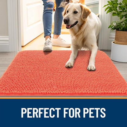 OLANLY Dog Door Mat - Absorbent Non-Slip Washable Chenille Mat for Muddy Paws | 40x24 Coral