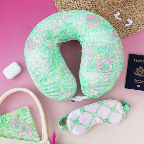 Lilly Pulitzer Airplane Travel Essentials with Travel Neck Pillow and Sleeping Mask, 2 Pieces, Lime Feeling Good