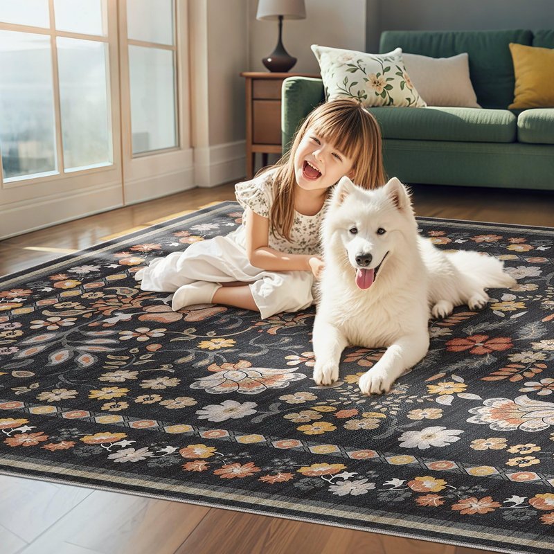 UERMEI Runner Rug for Hallways Kitchen: 2x6 Washable Area Rug Boho Floral Soft Long Rug - Non-Slip Low Pile Throw Indoor Carpet for Entryway Kitchen Bedroom Laundry Bathroom - Black Grey