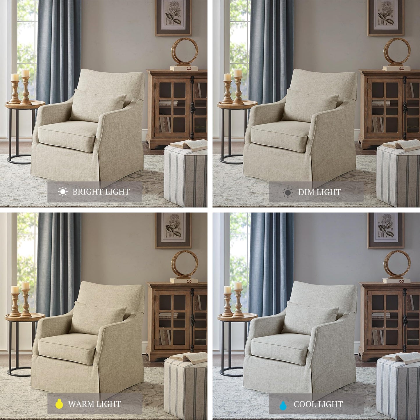 Martha Stewart London Swivel Chair - Solid Wood & Plywood, Skirted Metal Base Accent Armchair, Lumbar Pillow -Modern Classic Family Room Sofa Furniture Bedroom Lounge, 28"X31.5"X35.25", Beige Multi