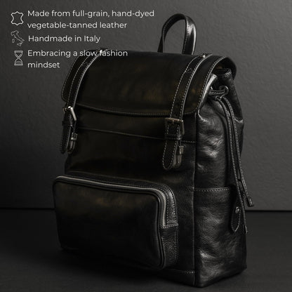 Time Resistance Leather Backpack - Full Grain Real Leather Travel Bag and Carry-On Rucksack (Black)