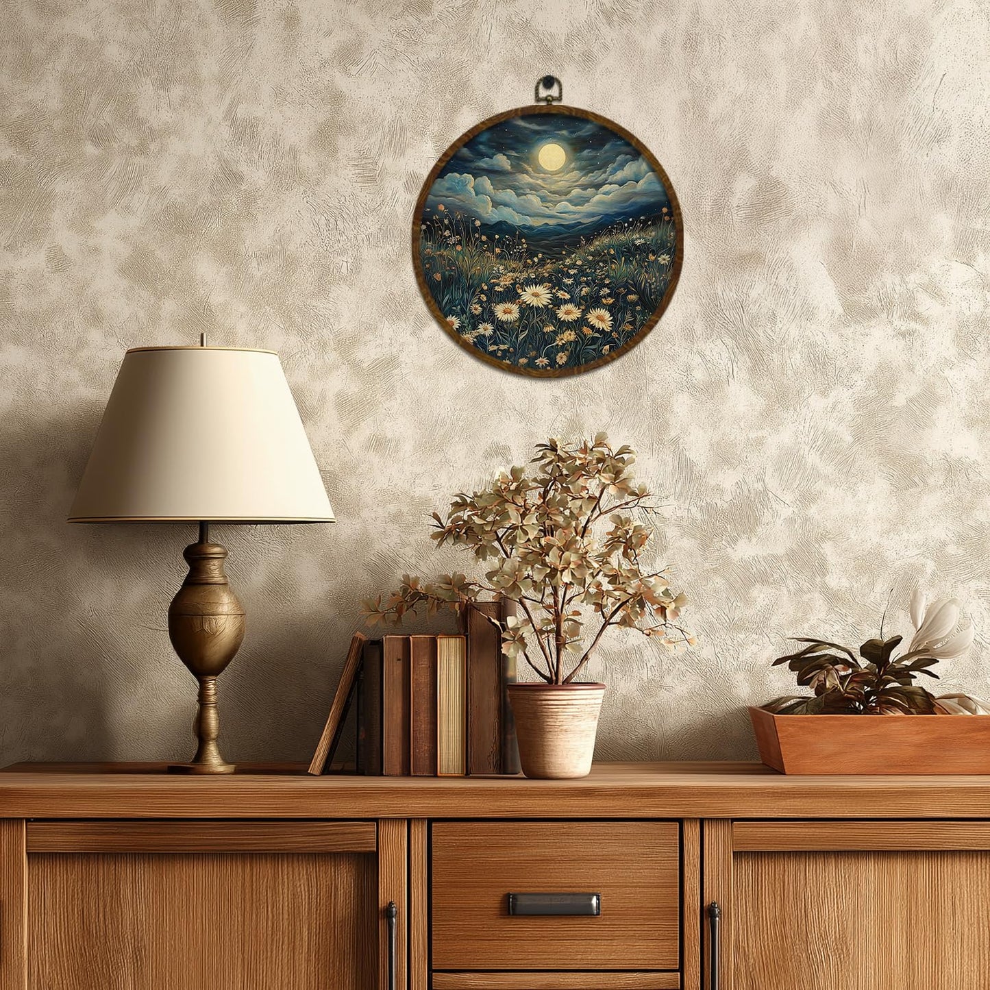 Moonlit Daisy Meadow Round Wall Art,10"x10" Romantic Nature Canvas Wall Hanging Decor with Frame, Rustic Night Landscape Wildflower Painting for Bedroom, Living Room, or Gift (FJ01)