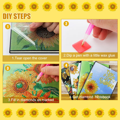 Ctosree 4 Pack Sunflower Diamond Painting Notebook, Spring Diamond Art Kits, DIY Diamond Journal,a5 Leather Arts and Crafts for Adults Diamond Sketchbook with Tools for Drawing