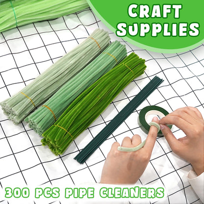 URSDIART 311pcs Green Pipe Cleaners Craft -Chenille Steams Flower Making Kit,Thick Fuzzy Wire with Accessories | limpiapipas para Flores for Arts & Crafts, Classroom Project, Festive Decoration