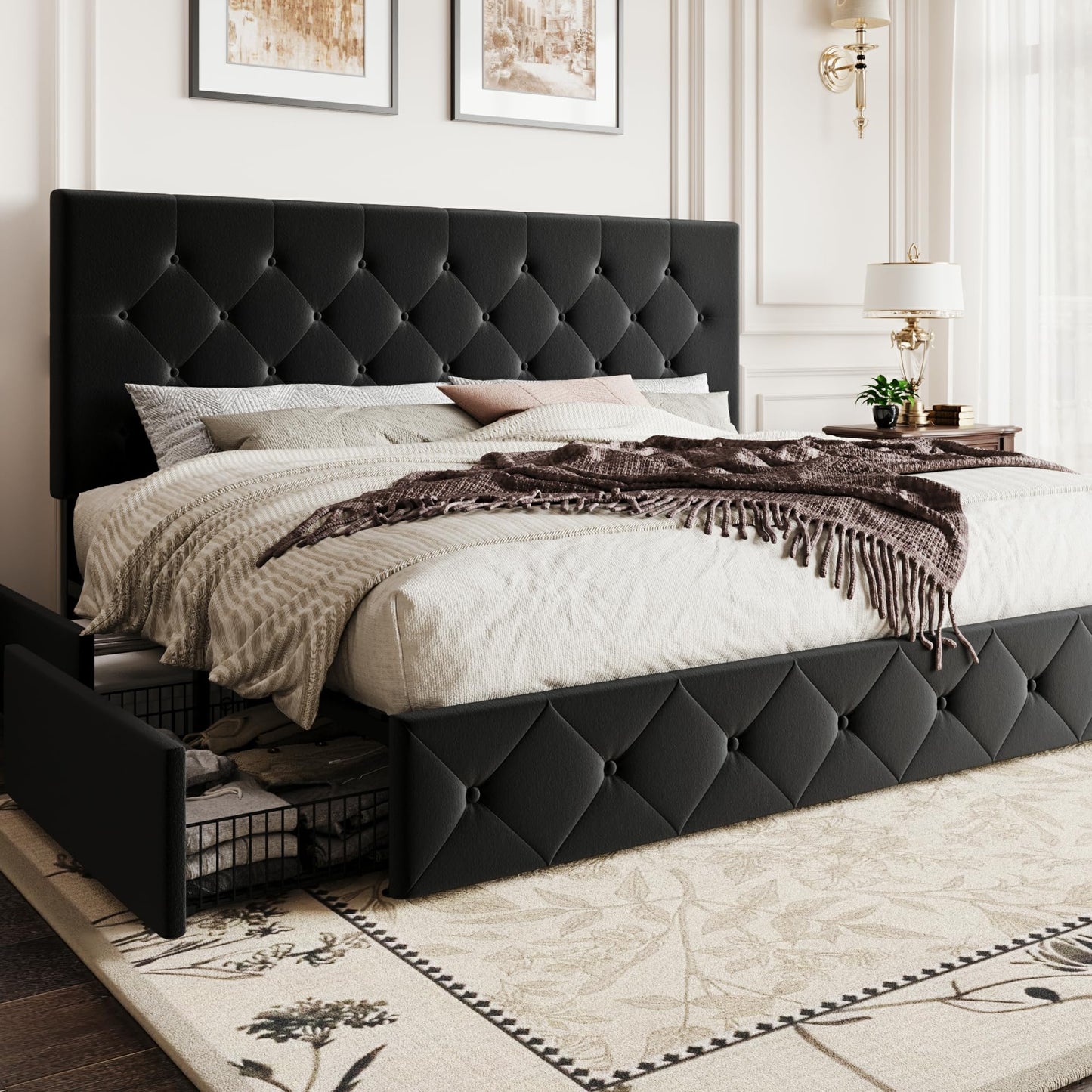 SHA CERLIN King Size Platform Bed Frame with 4 Oversized Storage Drawers, Adjustable Headboard with Velvet Upholstery, Diamond Button Tufted Design, Wooden Slat Support, No Box Spring Needed, Black