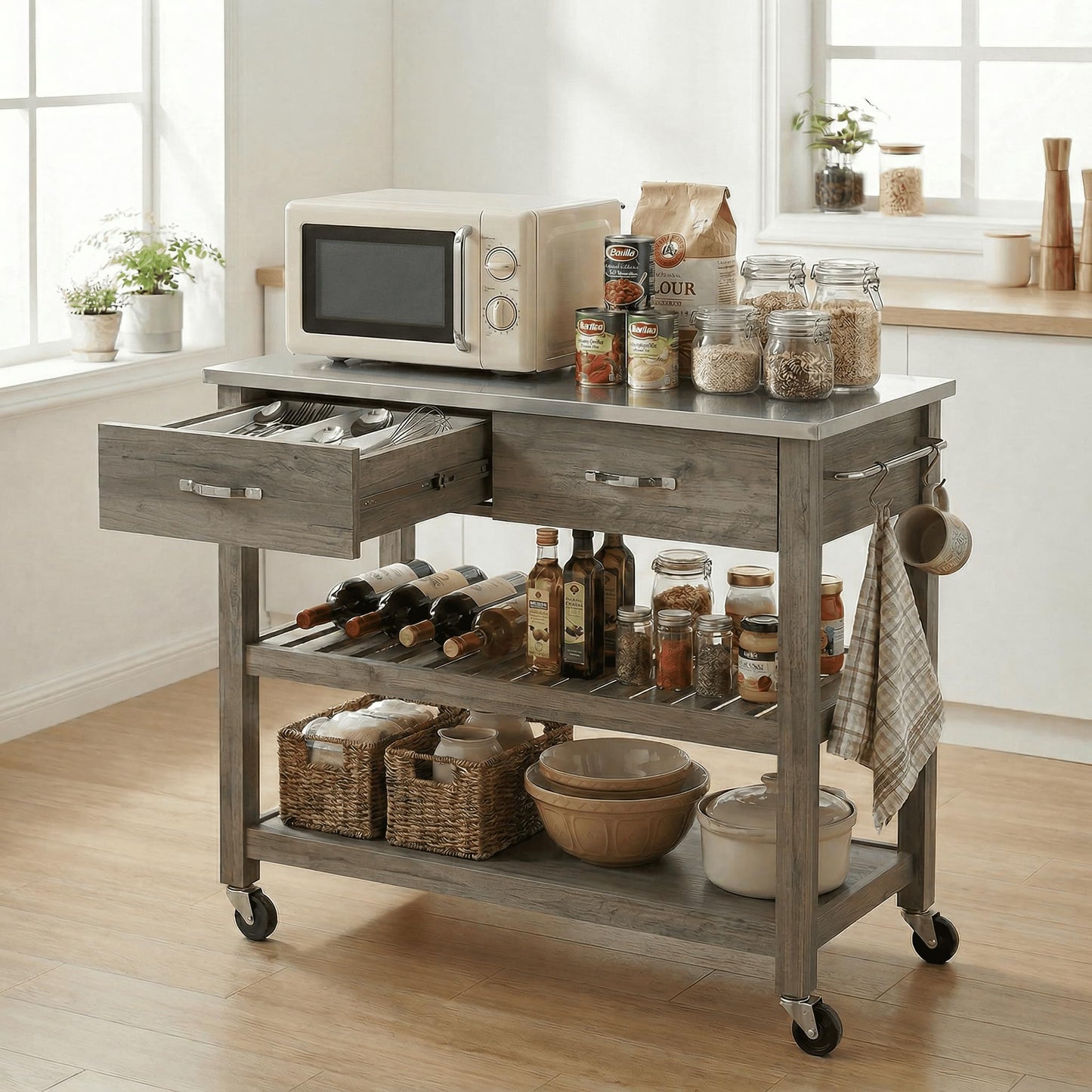 Casaphoria Amanda Collection Solid Wood Kitchen Island, 42" Butcher Block Cart with Stainless Steel Top & Locable Wheels, Prep Table for Small Spaces (Weathered Gray)