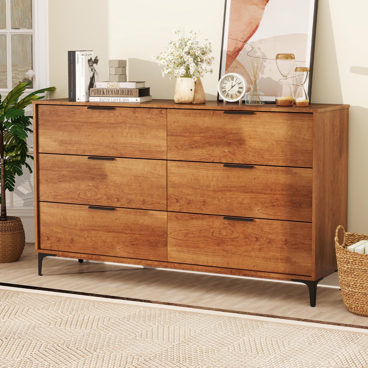 Giantex Wooden 6-Drawer Storage Cabinet w/Anti-Tip Kit & Sturdy Metal Legs, 59” Mid-Century Modern Storage Organizer for Hallway, Kitchen, Living Room, Entryway