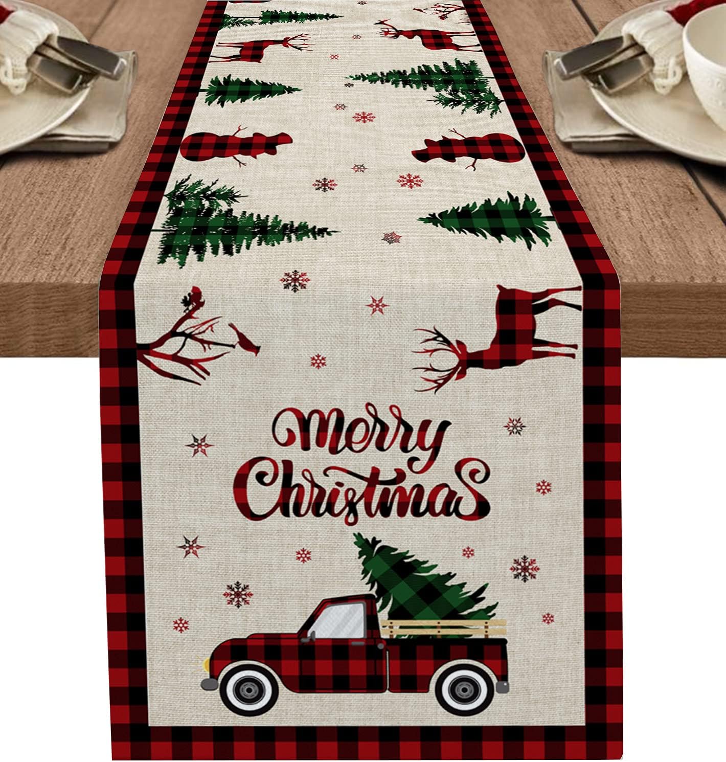 Christmas Truck Cotton Linen Table Runners, 90 Inches Long, Red Buffalo Plaid Non-Slip Burlap for Holiday Decor