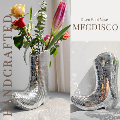 Handcrafted Disco Cowboy Boot Vase, Ceramic & Santiago Disco Ball Modern Western Flower Vase, 9.5inch Santiago Disco Cowboy Boot Home Decor, Unique Gift for Housewarming