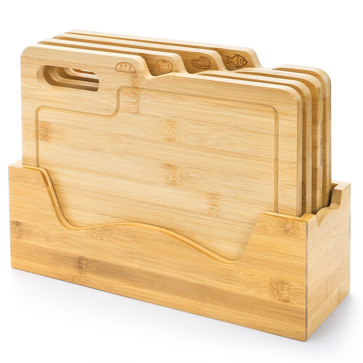 ZENFUN 4 Pack 12.5"L x 9.8"W Bamboo Cutting Boards with Holder, Wood Cutting Board Set, Chopping Boards Set with Food Icons, Kitchen Cutting Board Ideal for Meat, Fish, Bread, Vegetable, Fruit