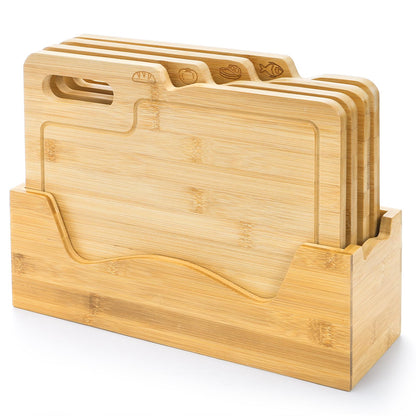 ZENFUN 4 Pack 12.5"L x 9.8"W Bamboo Cutting Boards with Holder, Wood Cutting Board Set, Chopping Boards Set with Food Icons, Kitchen Cutting Board Ideal for Meat, Fish, Bread, Vegetable, Fruit