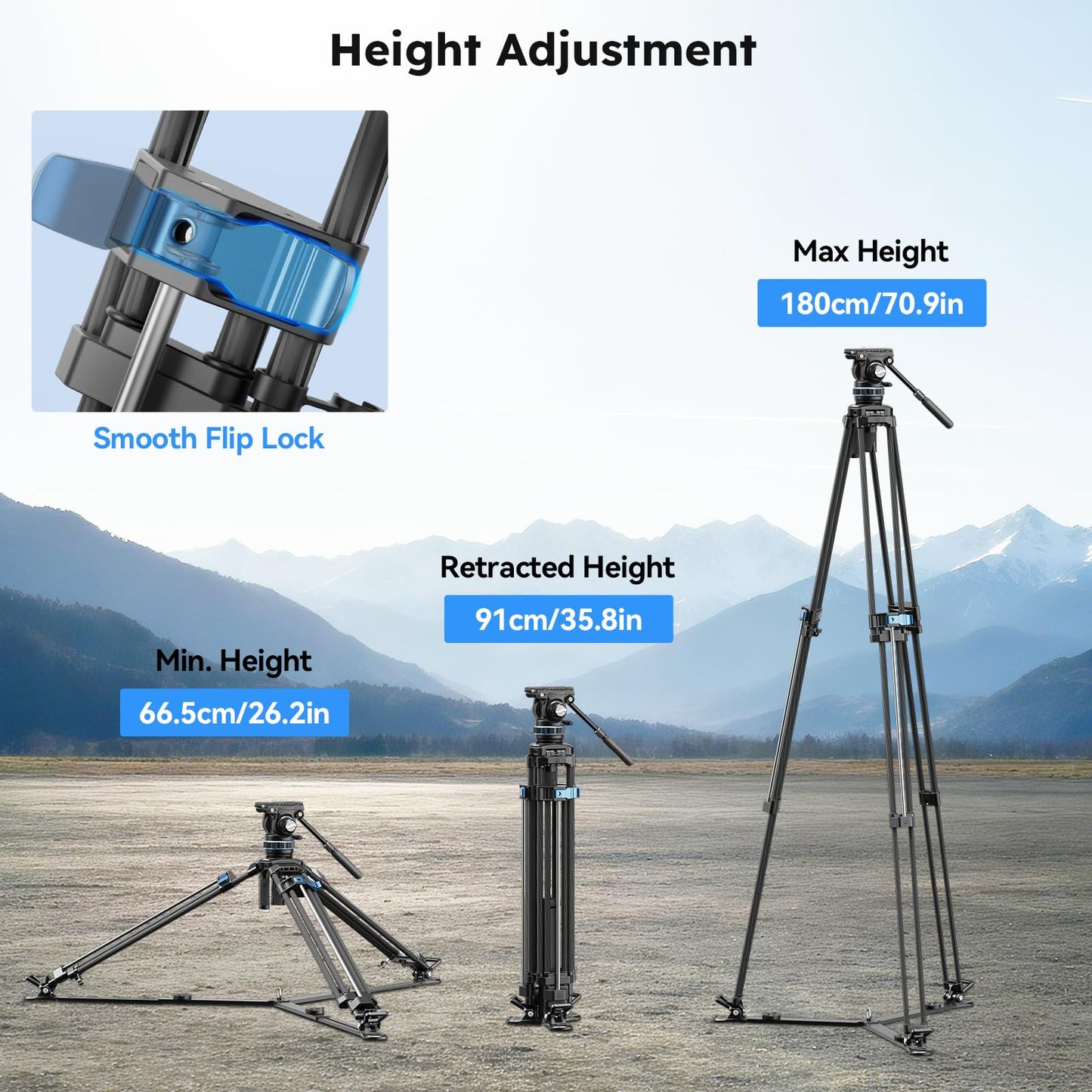 SIRUI Professional Video Tripod, Carbon Fiber Fluid Head, 5kg/11lbs, Stepless +90°/-70° Tilt & 360° Pan, One-Step Height Adjustment, QR Plate for DJI RS Series, Max 70.9in for DSLR Camcorder(SQ75+S5X)