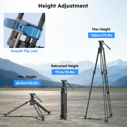 SIRUI Professional Video Tripod, Carbon Fiber Fluid Head, 5kg/11lbs, Stepless +90°/-70° Tilt & 360° Pan, One-Step Height Adjustment, QR Plate for DJI RS Series, Max 70.9in for DSLR Camcorder(SQ75+S5X)