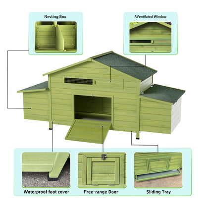 KEIKI Large Wooden Chicken Coop for 6-8 Chickens, Outdoor Hen House, Poultry Pet Hutch Cage with 2 Nesting Boxes, 2 Free-Range Doors, Perch, Pull-Out Tray, Green