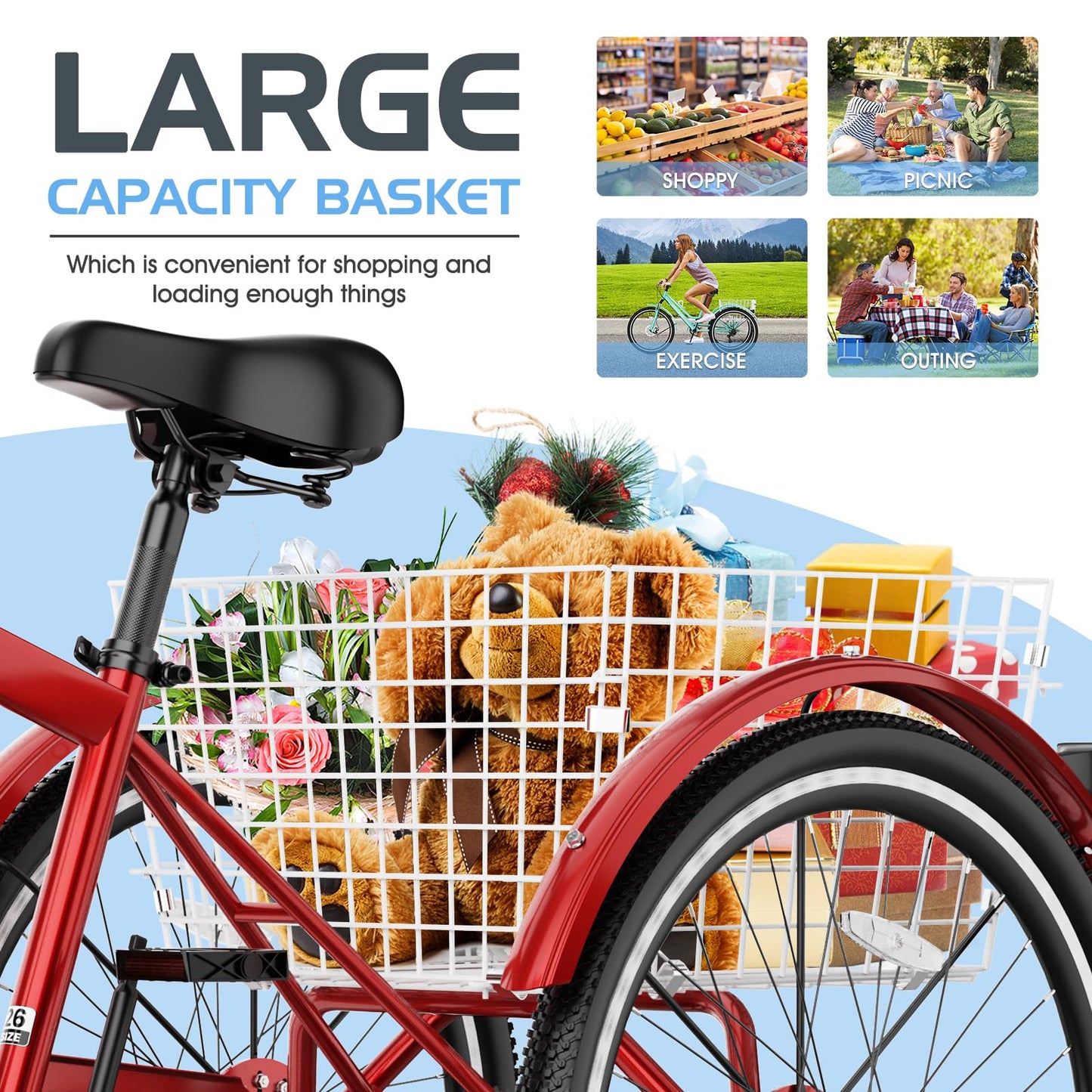 Slsy Adult Mountain Tricycle, 7 Speed Three Wheel Bike, 24/26 Inch Adults Trikes for Seniors with Shopping Basket, Exercise Men's Women's Tricycles
