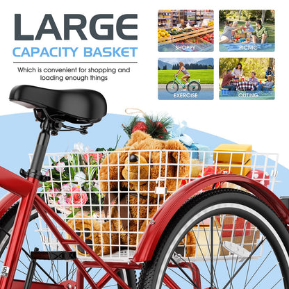 Slsy Adult Mountain Tricycle, 7 Speed Three Wheel Bike, 24/26 Inch Adults Trikes for Seniors with Shopping Basket, Exercise Men's Women's Tricycles