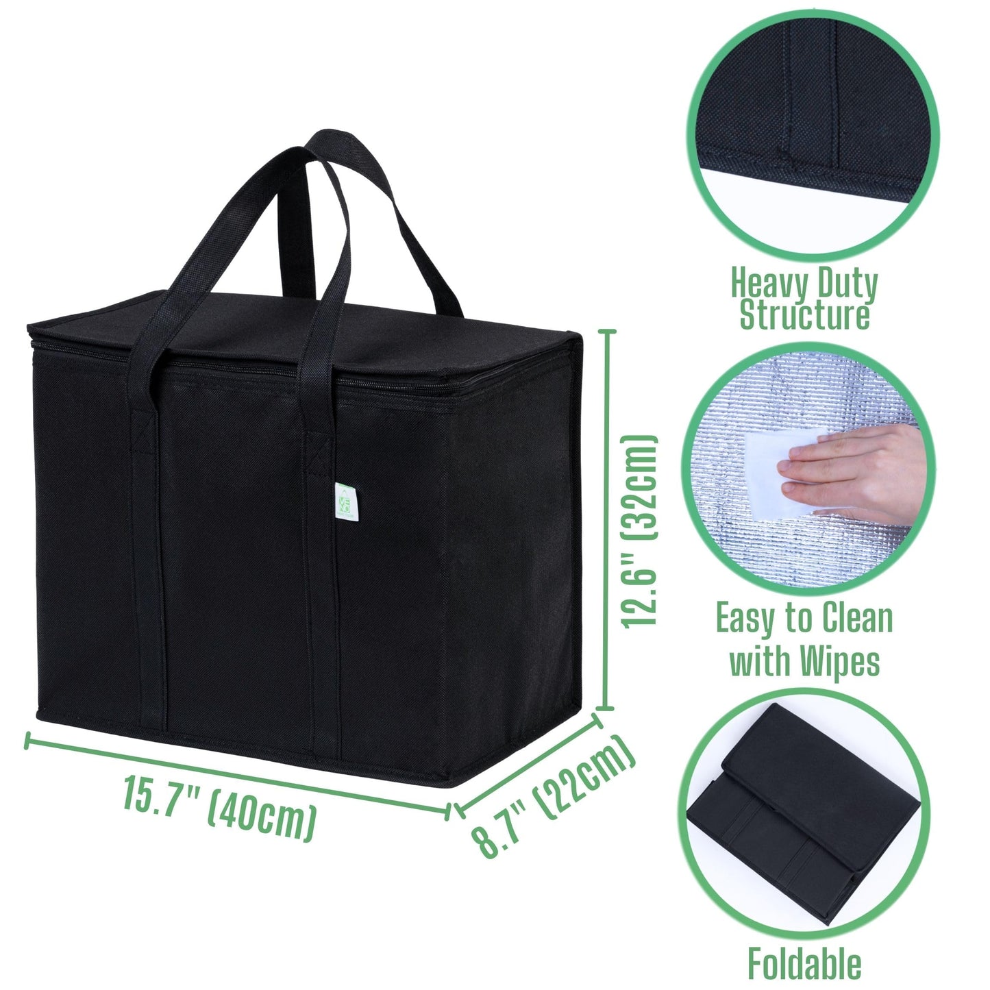 VENO 2 Pack Cooler Bags - Insulated for Food Delivery, Collapsible and Reusable Shopping Bags with Zipper, Foldable, Heavy-Duty, Stands Upright - Ideal for Groceries (Black, 2 Pack)