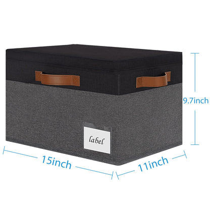 PFFVRP Large Storage Bins with Lids, Foldable Fabric Storage Baskets with Lids, Sturdy Storage Boxes with Labels and 3 PU Handles for Closet Home Bedroom Office (26L, 3 Packs, Grey&Black)