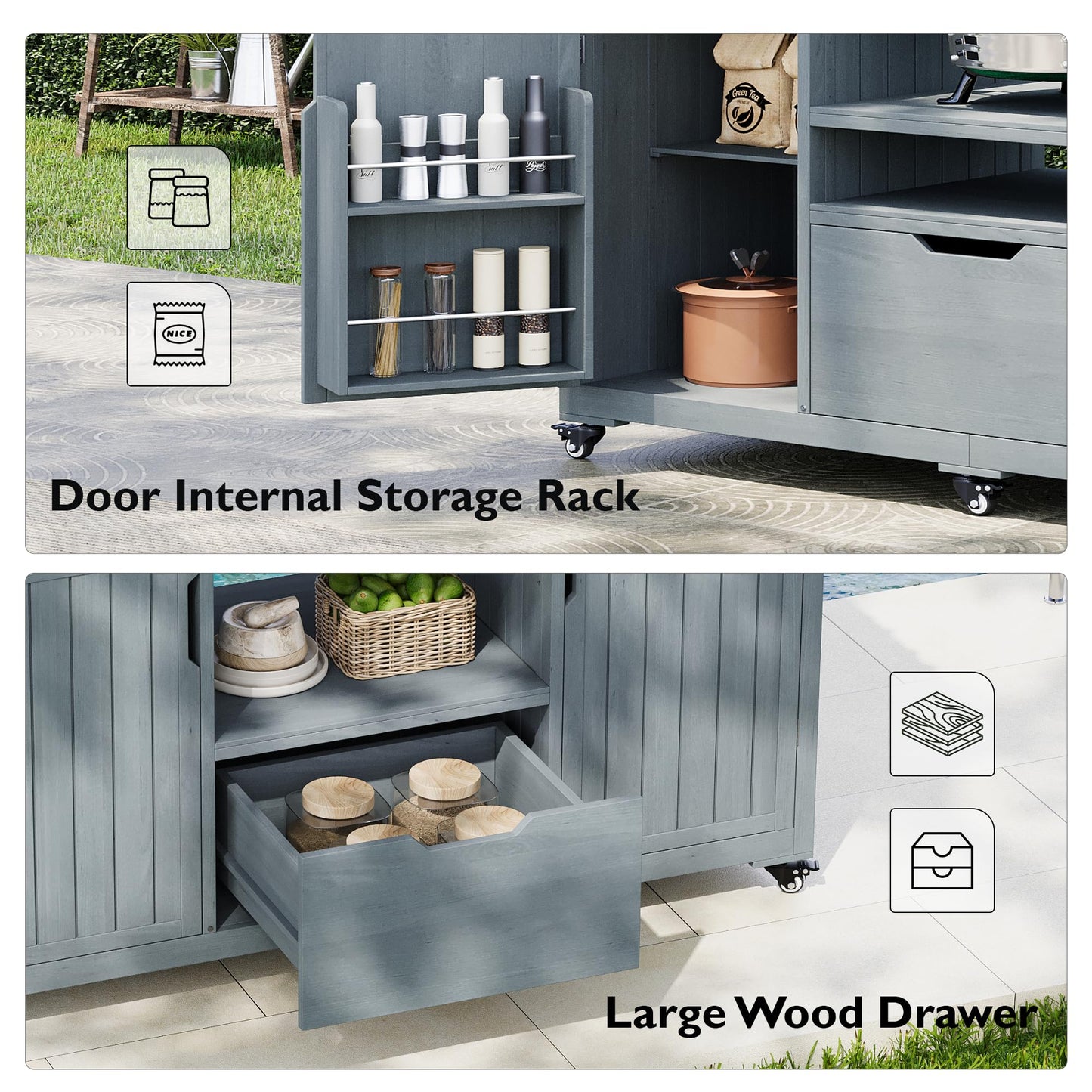 Merax Outdoor Grill Table for Big Green Egg Grills, 66.5" Patio Kitchen Island on Wheels with Stainless Steel Tabletop,Drawer and Spice Rack, Solid Wood Outdoor Storage Cabinet for Backyard, Grey Blue