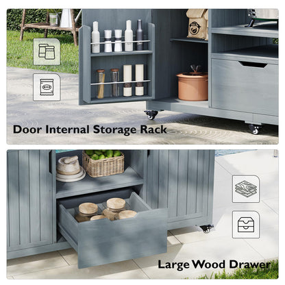 Merax Outdoor Grill Table for Big Green Egg Grills, 66.5" Patio Kitchen Island on Wheels with Stainless Steel Tabletop,Drawer and Spice Rack, Solid Wood Outdoor Storage Cabinet for Backyard, Grey Blue
