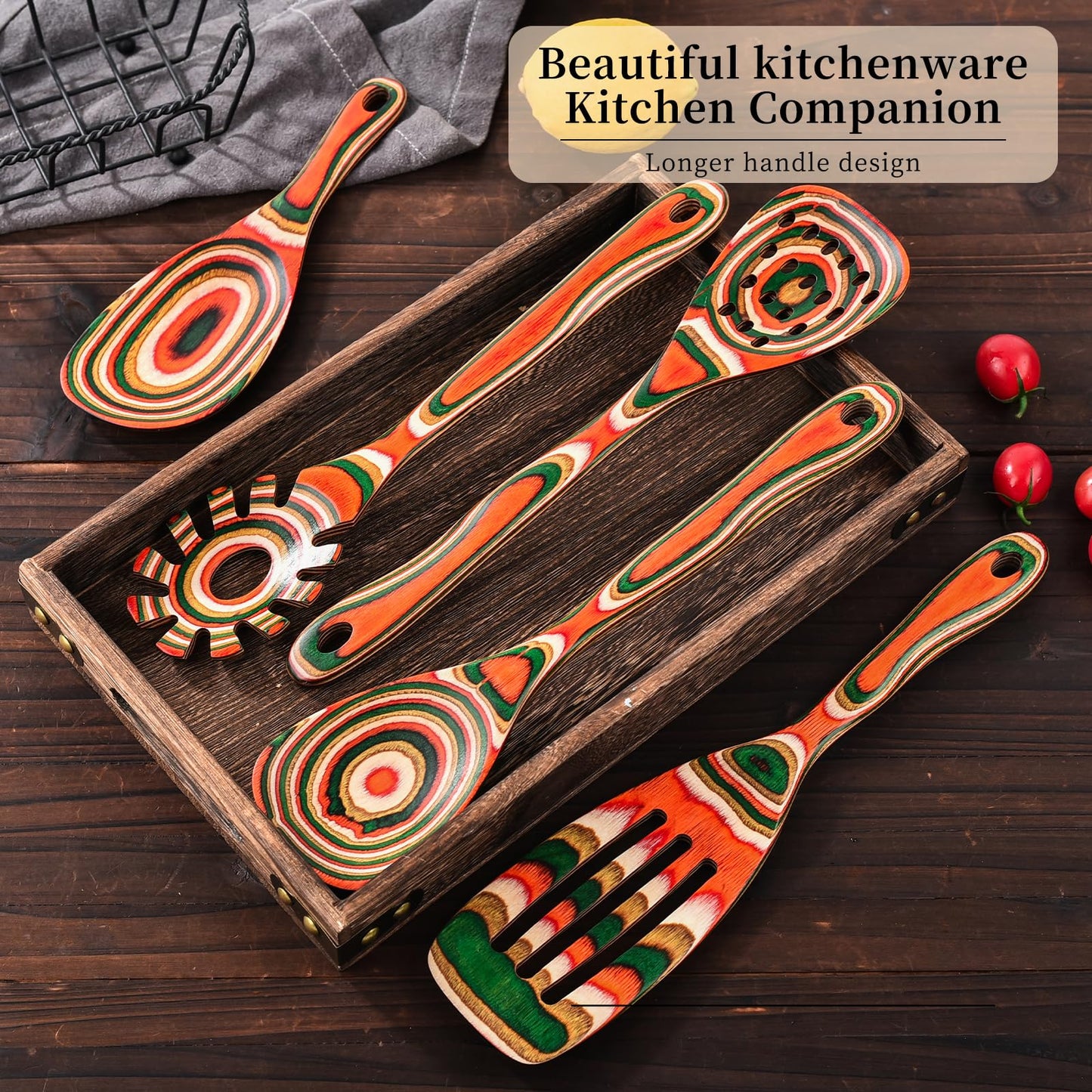 Gudamaye Pakkawood 7-Piece Red Wooden Cooking Utensils, Wooden Spoons for Cooking,Wooden Spoon Set, Wooden Kitchen Utensil set, Pakkawood kitchen Utensils for Serving, Bridal Shower Gifts