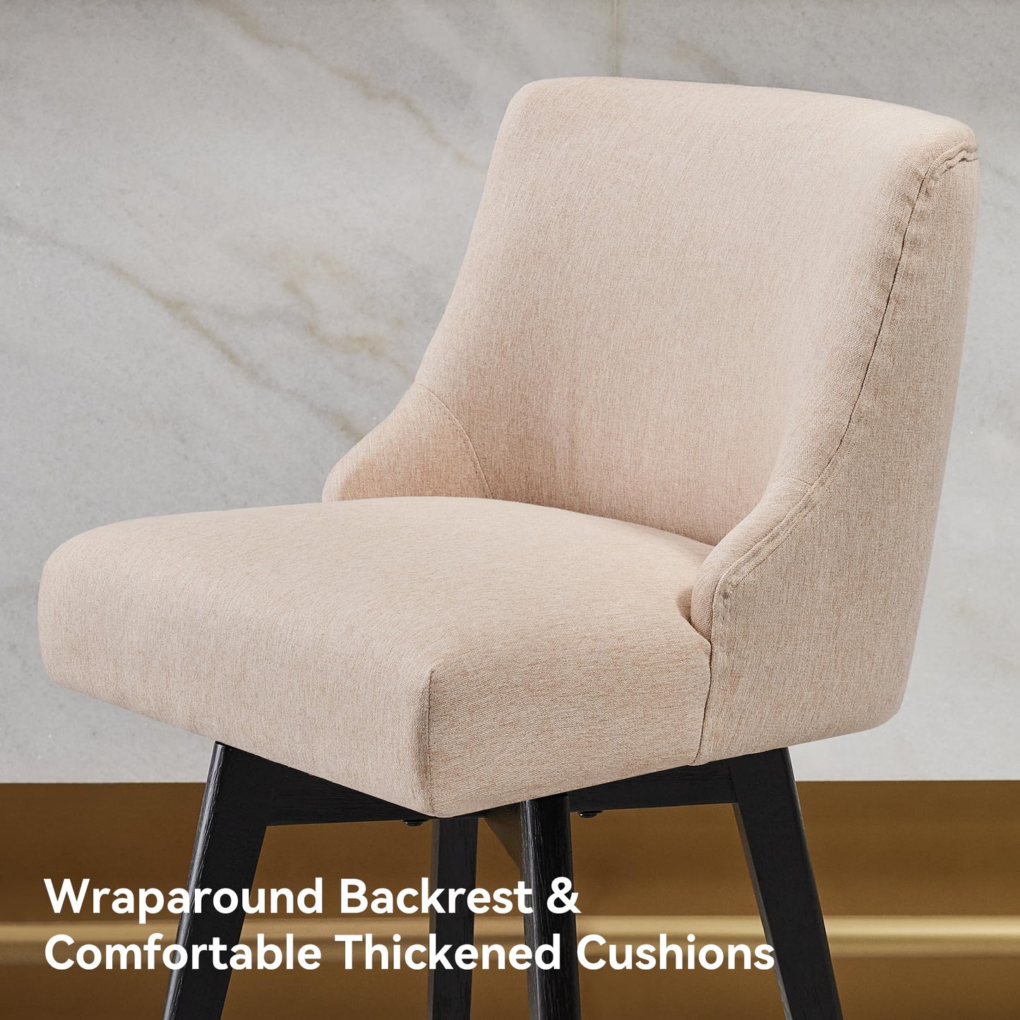 Vipbear Counter Height Bar Stools Set of 2, Modern Linen Fabric Swivel Barstools with Contoured Backs and Solid Wood Legs, 26" Seat Height Upholestered Bar Chairs for Kitchen Island, Flax Beige