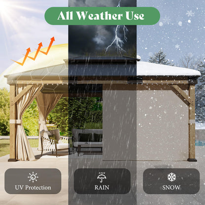 AMERLIFE 12' x 16' Heavy Duty Hardtop Gazebo with Double Metal Roof, Wood Gazebo with Privacy Curtains & Mosquito Netting, Outdoor Pavilion for Backyard, Garden & Patio, Brown