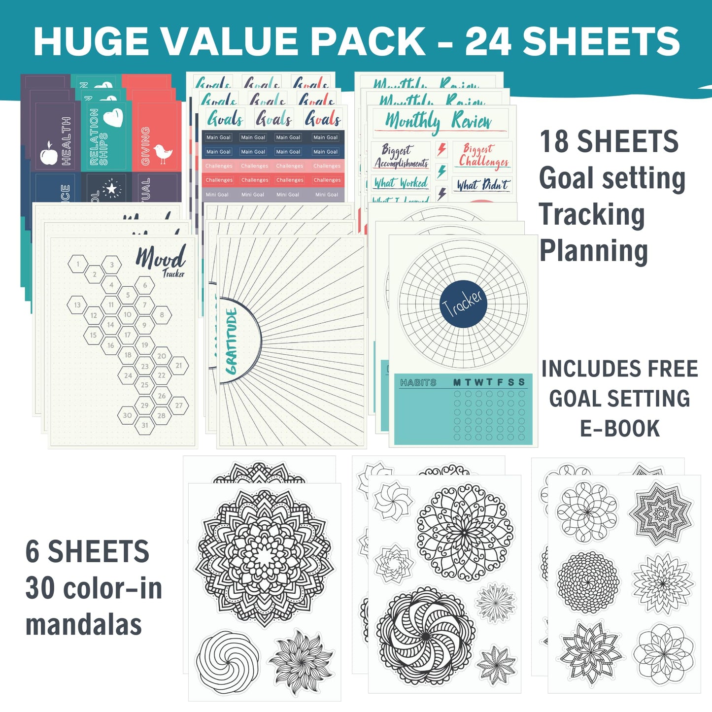 Improve Yourself Planner Stickers Set - Large Value Pack 24 Sheets Self-Improvement Sticker Pack - Goal Setting, Habit Trackers, Gratitude, Mood Tracker, Colorable Mandalas for Bullet Dotted Journals