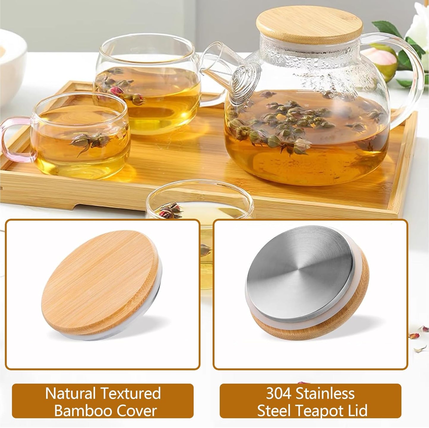 Glass Teapot Stovetop 34 OZ/1000ml, Borosilicate Clear Kettle with Bamboo Lid, Removable Stainless Steel Infuser