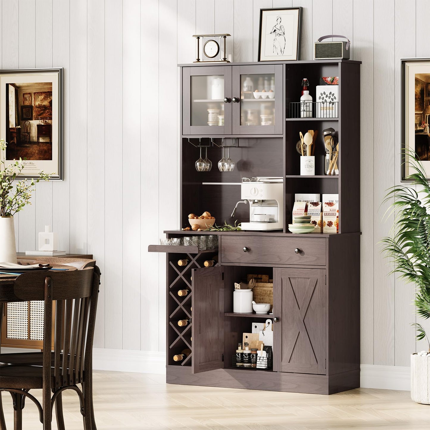 IDEALHOUSE 72 Inch Tall Kitchen Pantry Cabinet with Power Outlet - Wine Bottle Rack, Barn Doors, Ample Storage, Modern Sideboard Buffet for Dining Room, Kitchen, or Home Bar