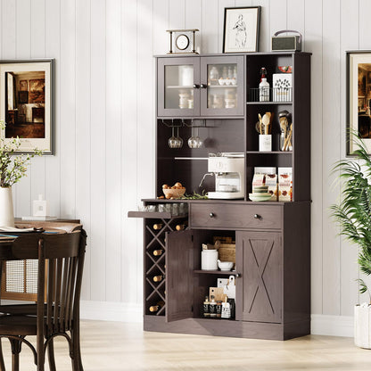 IDEALHOUSE 72 Inch Tall Kitchen Pantry Cabinet with Power Outlet - Wine Bottle Rack, Barn Doors, Ample Storage, Modern Sideboard Buffet for Dining Room, Kitchen, or Home Bar