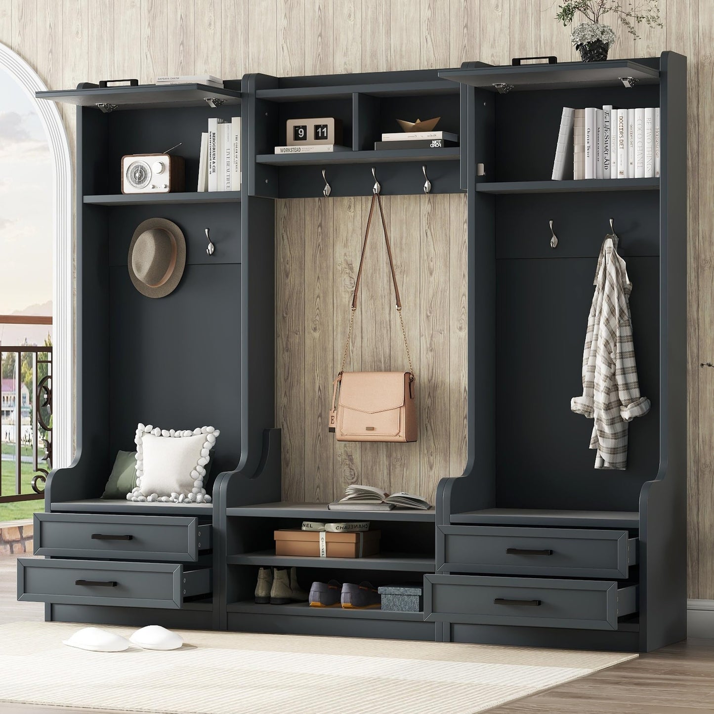4-in-1 Antique Blue Hall Tree with Bench and Shoe Storage, Mudroom Bench with Storage and Hooks, Entryway Coat Rack with Drawers and Cabinet, MDF & Particle Board, Multi-Functional Hallway Organizer