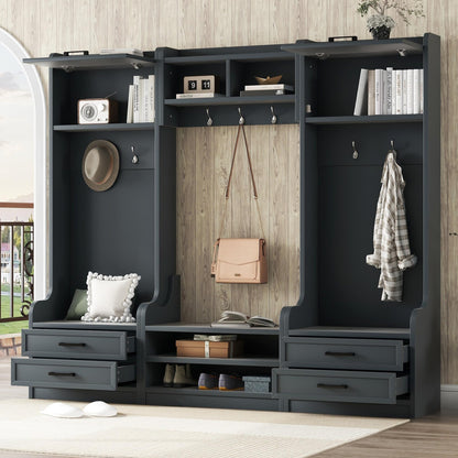 4-in-1 Antique Blue Hall Tree with Bench and Shoe Storage, Mudroom Bench with Storage and Hooks, Entryway Coat Rack with Drawers and Cabinet, MDF & Particle Board, Multi-Functional Hallway Organizer