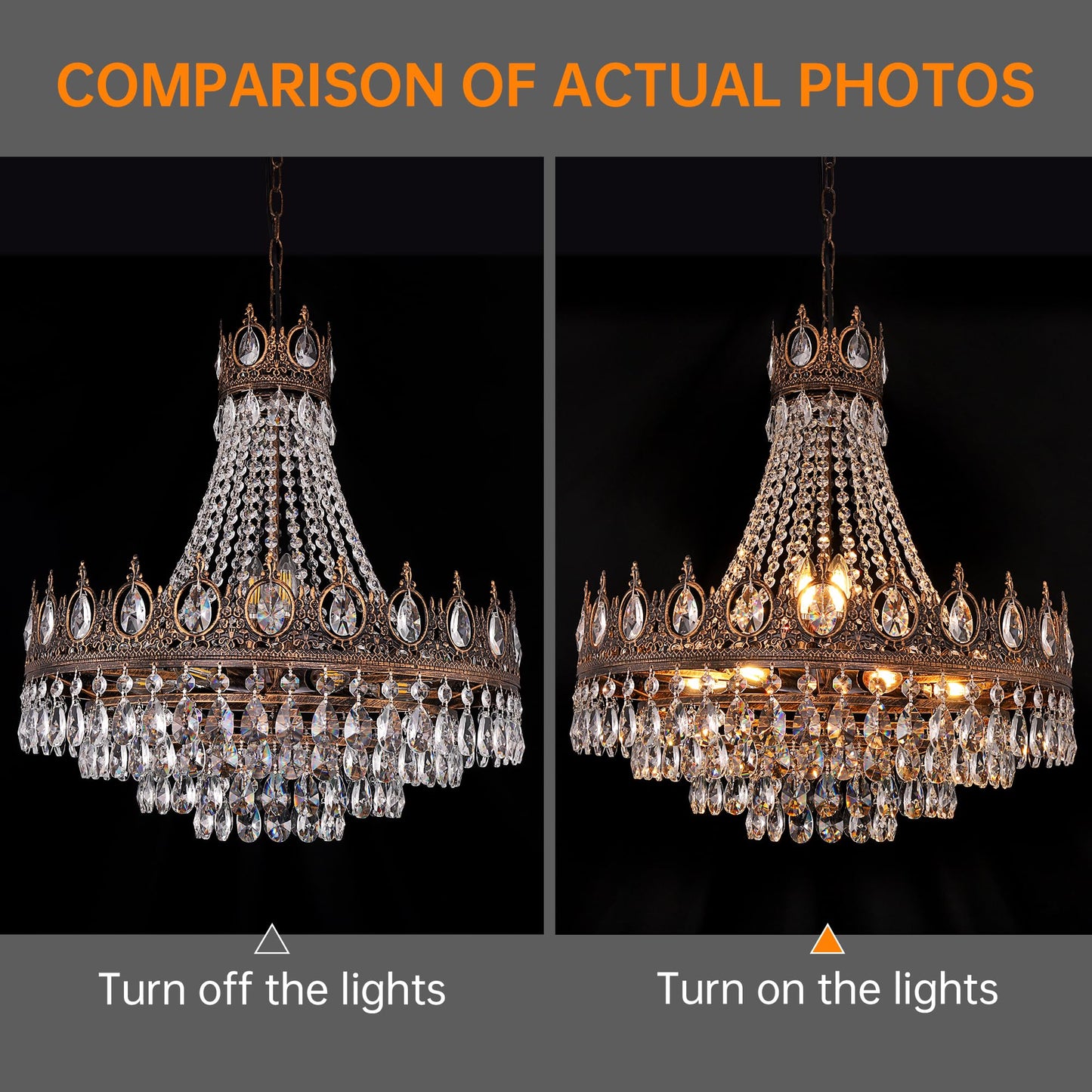 TOCHIC French Empire Crystal Chandelier, 9-Light Farmhouse Antique Bronze Chandelier Vintage Rustic Ceiling Light Fixture for Dining Living Room, Bedroom, Kitchen Island, Bathroom, Foyer, 24" W