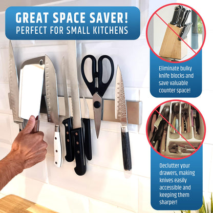 17" Strong Adhesive (No Drill) Magnetic Knife Holder for Wall - Professional Knife Strip - No Screws Needed - Adhesive Backing - Stainless Steel Knife Bar (Upgraded Version – Will Not Fall)