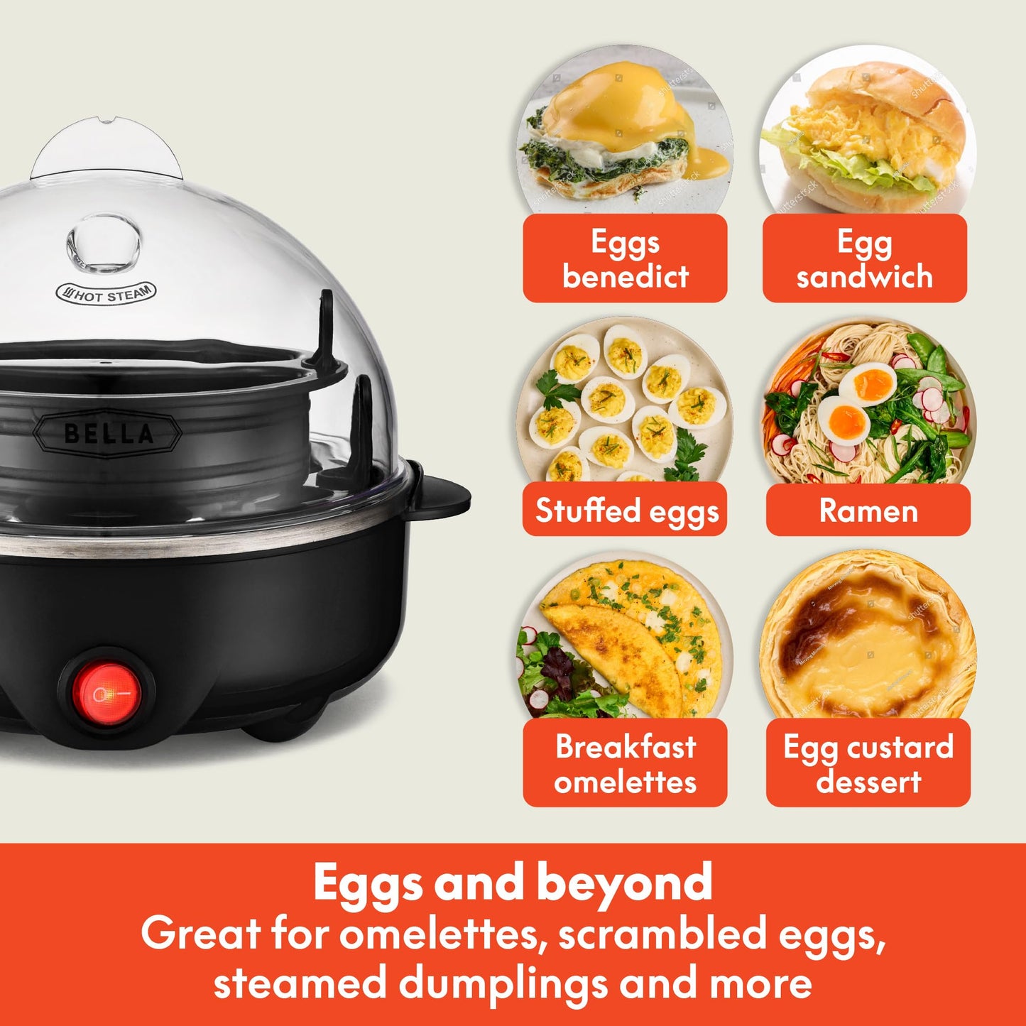 BELLA Egg Cooker, Rapid Boiler & Poacher, Meal Prep Essential, Family Sized Meals: Make Up To 7 Large Boiled Eggs, Dishwasher Safe Lid with Cool-Touch Handles, Poaching Tray Included, Black