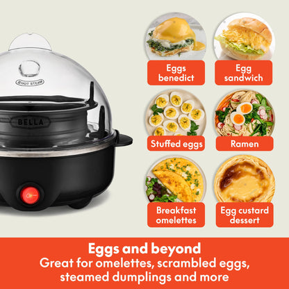 BELLA Egg Cooker, Rapid Boiler & Poacher, Meal Prep Essential, Family Sized Meals: Make Up To 7 Large Boiled Eggs, Dishwasher Safe Lid with Cool-Touch Handles, Poaching Tray Included, Black