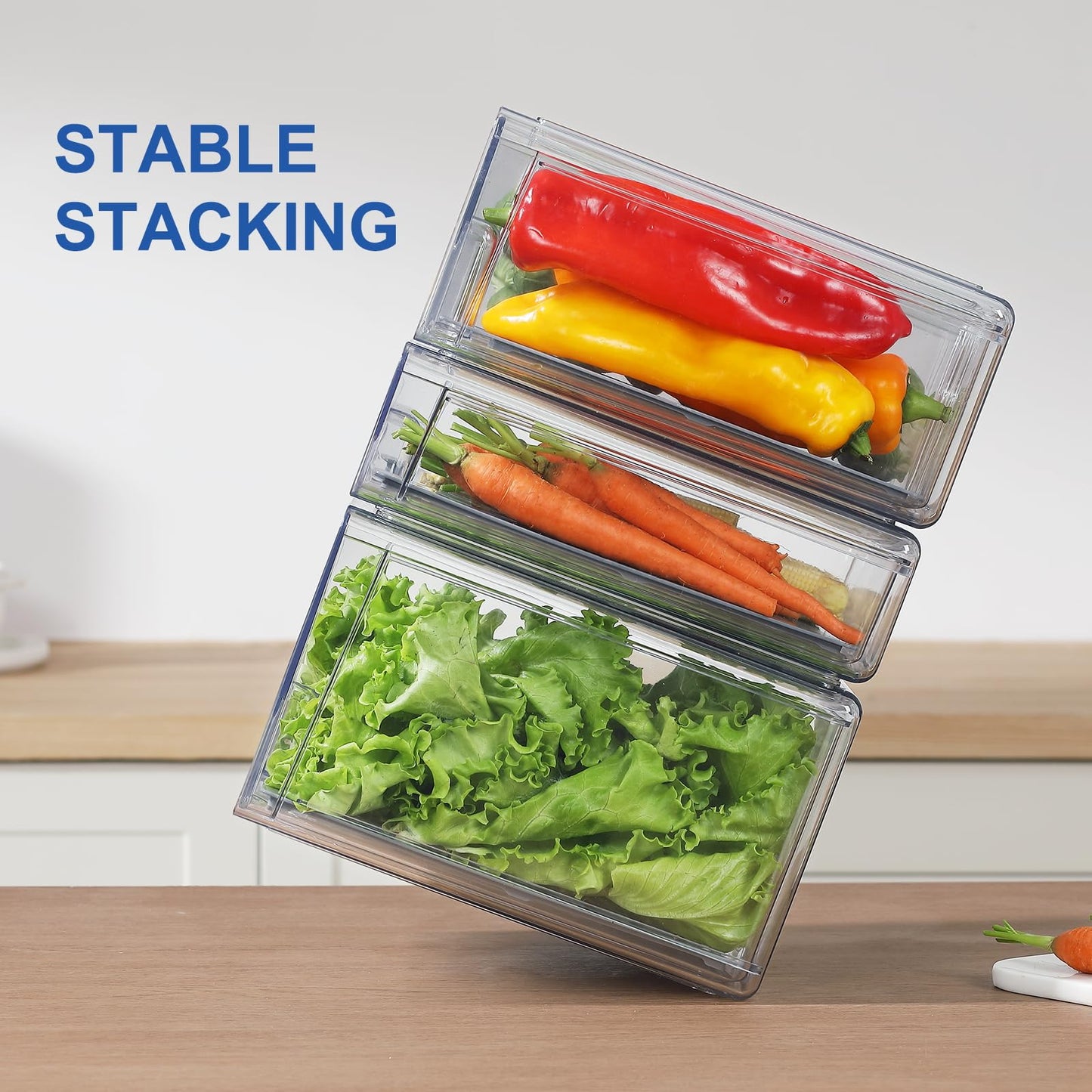 Bronkeeper Pull Out Clear Fridge Organizer Drawers with Drainer, Refrigerator Stackable Storage Bins for Kitchen Fruit & Veggie Organization (Complete Set)