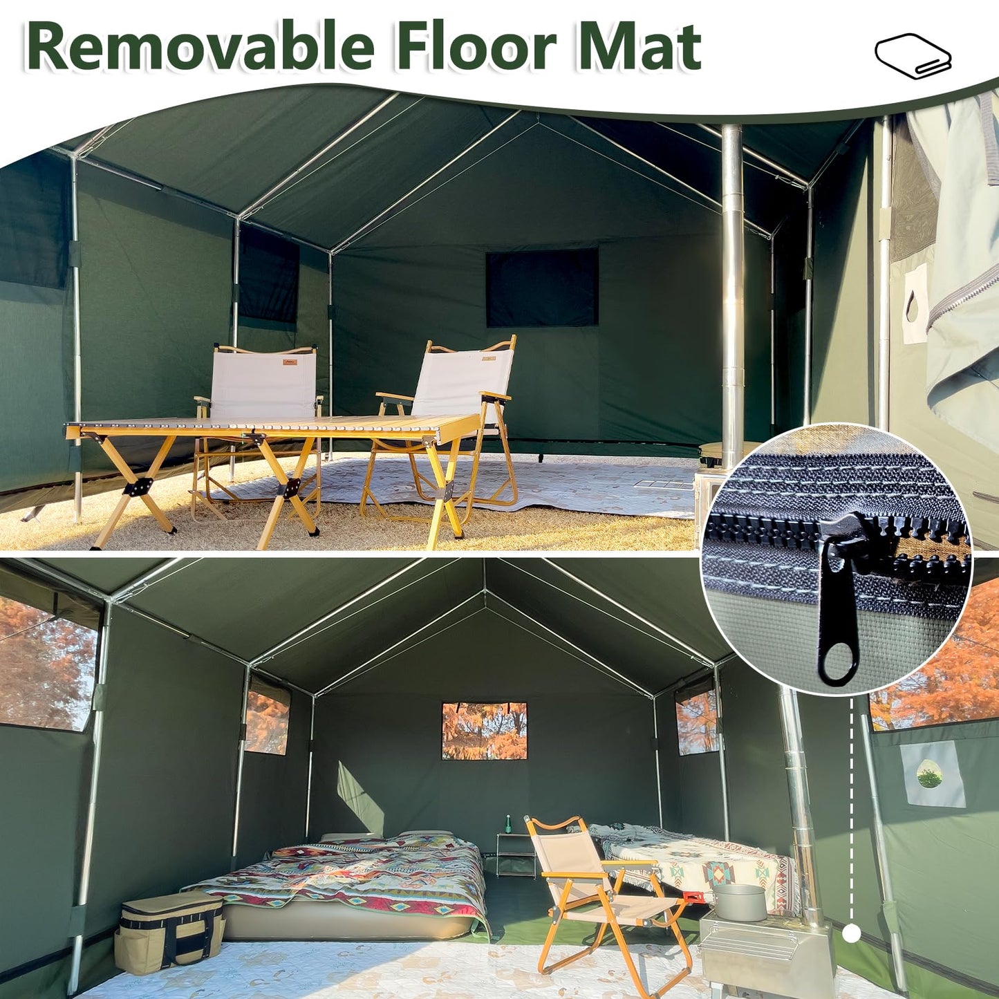 WaldZimmer Cotton Canvas Wall Tent with Rain Canopy Waterproof Outdoor Tent for Hunting Family 4 Season Camping Tents Heavy Duty Steel Frame&PVC Floor, Green