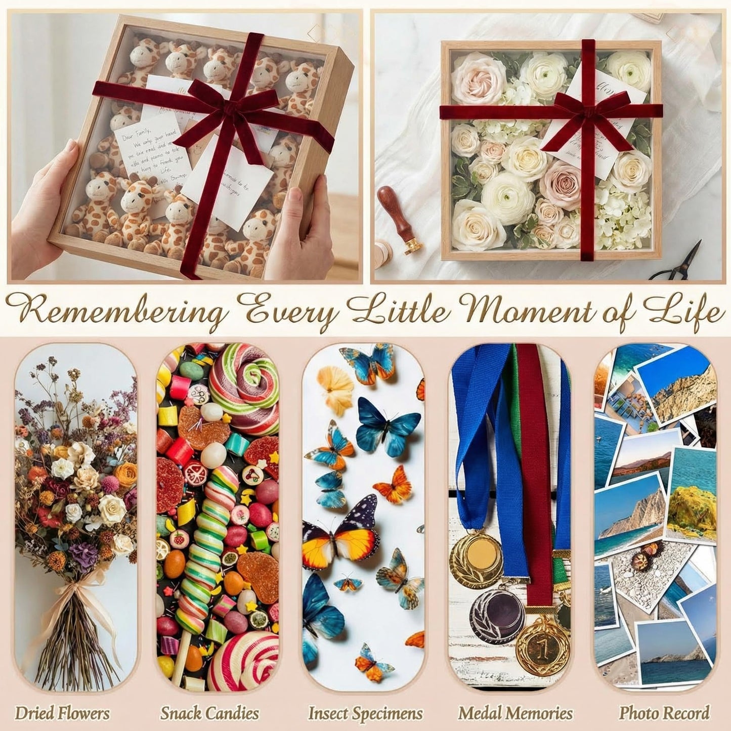 BrightRow 12"x12" Wedding Shadow Box Frame Flower Display Case Kit, DIY Wood Color Picture Gift Box with Lid Deep Glass Case Red Velvet Ribbon for Gift Wrapping Craft Bouquet Flower Keepsake Memory