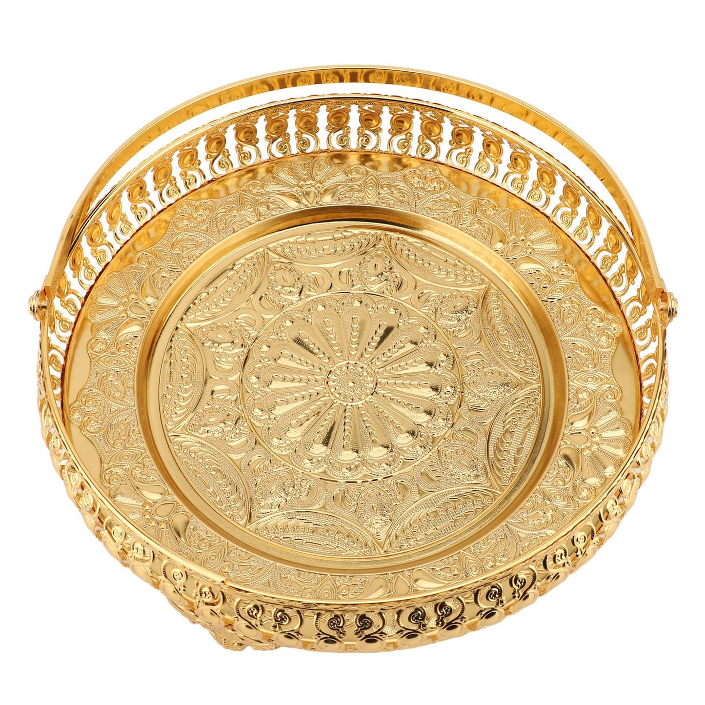 Retro Round Fruit Tray Exquisite Decorative Large Capacity Alloy Dessert Plate Golden Zinc Alloy Fruit Trays for Parties with Handle Decorative Serving Tray for Party Home Bar Cafe