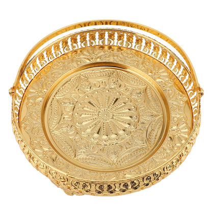 Retro Round Fruit Tray Exquisite Decorative Large Capacity Alloy Dessert Plate Golden Zinc Alloy Fruit Trays for Parties with Handle Decorative Serving Tray for Party Home Bar Cafe
