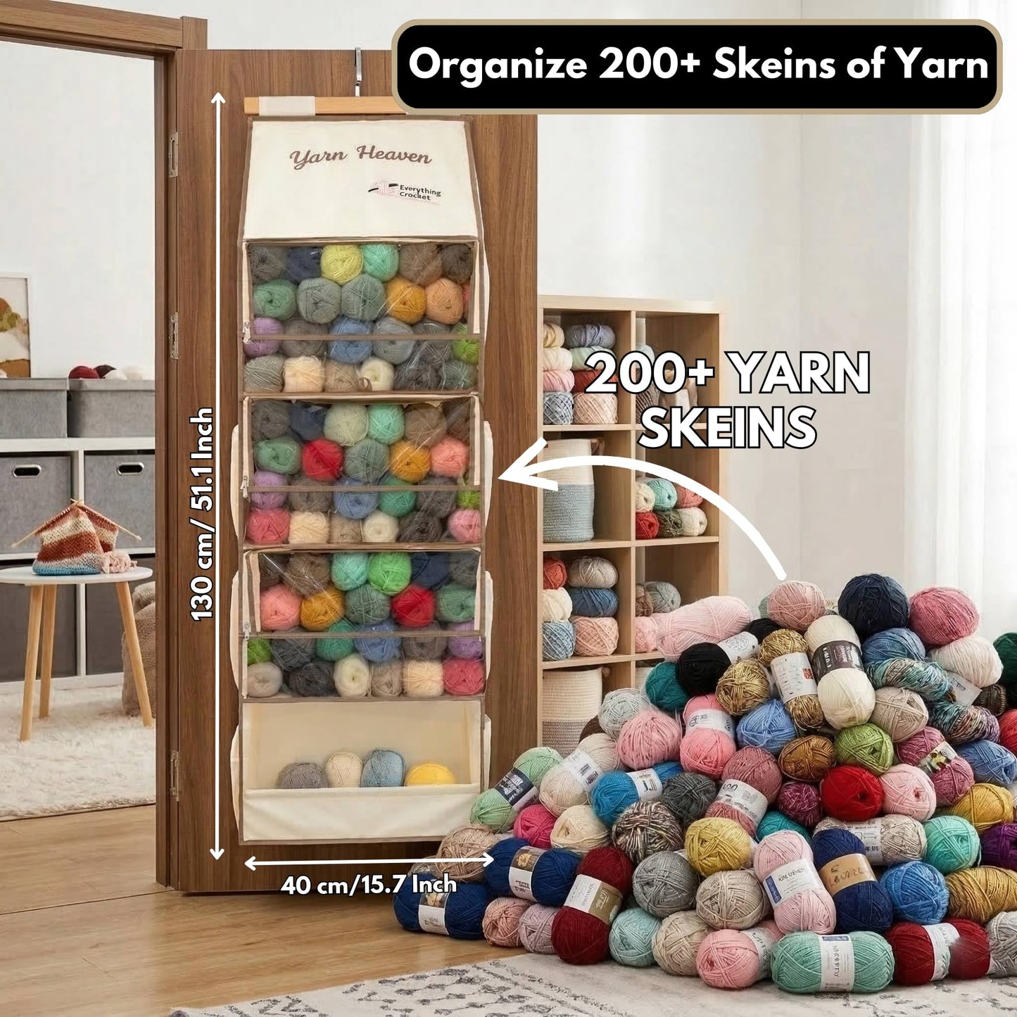 Everything Crochet Yarn Heaven Storage Organizer – Over The Door & Closet Hanging Yarn Bag for Crochet & Knitting, Skein Holder Holds 200+ Skeins with Clear Pockets for Yarn Stash, Hooks & Needles
