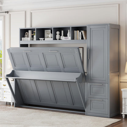 Ball & Cast Murphy Bed Full Size with Five-Layer Cabinet,Solid Wood Storage Hidden Wall Bedframe,W/Folding Designed,Space-Saving,for Home Office,Study,Guest Room,Gray